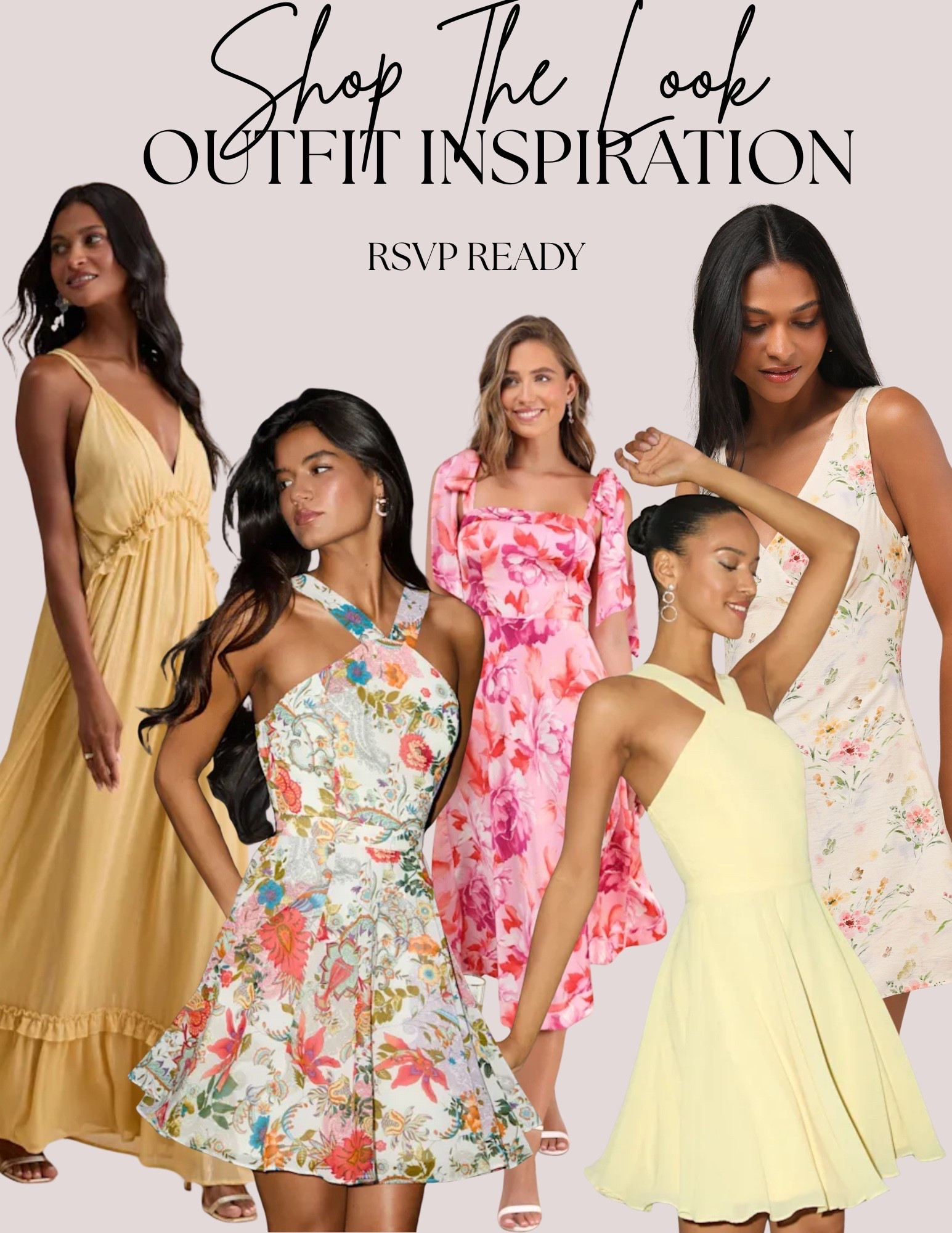 RSVP ready. Event party wedding guest date night outfit. Floral skater dress. Yellow halter mini dress. Yellow maxi dress. Pink floral midi dress.

#LTKParties #LTKWedding #LTKFindsUnder100