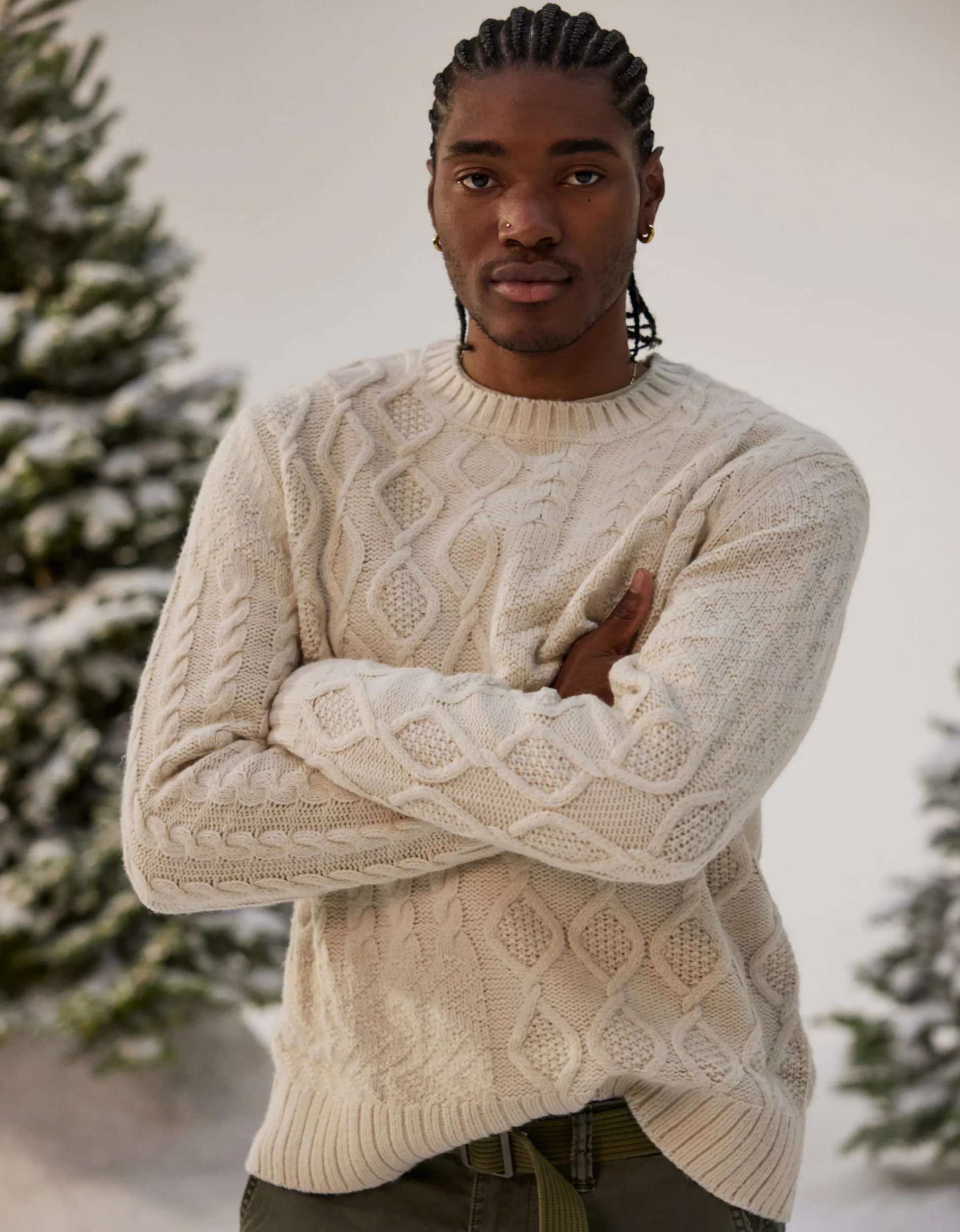 AE Super Soft Patchwork Cable Knit Crewneck Sweater | American Eagle Outfitters (US & CA)