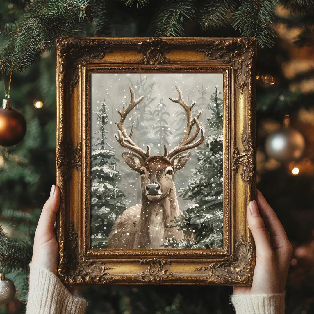 Christmas Reindeer Winter Home Decor, Retro Art Print, Painting Aesthetic, Vintage Yule Prints, D... | Etsy (US)