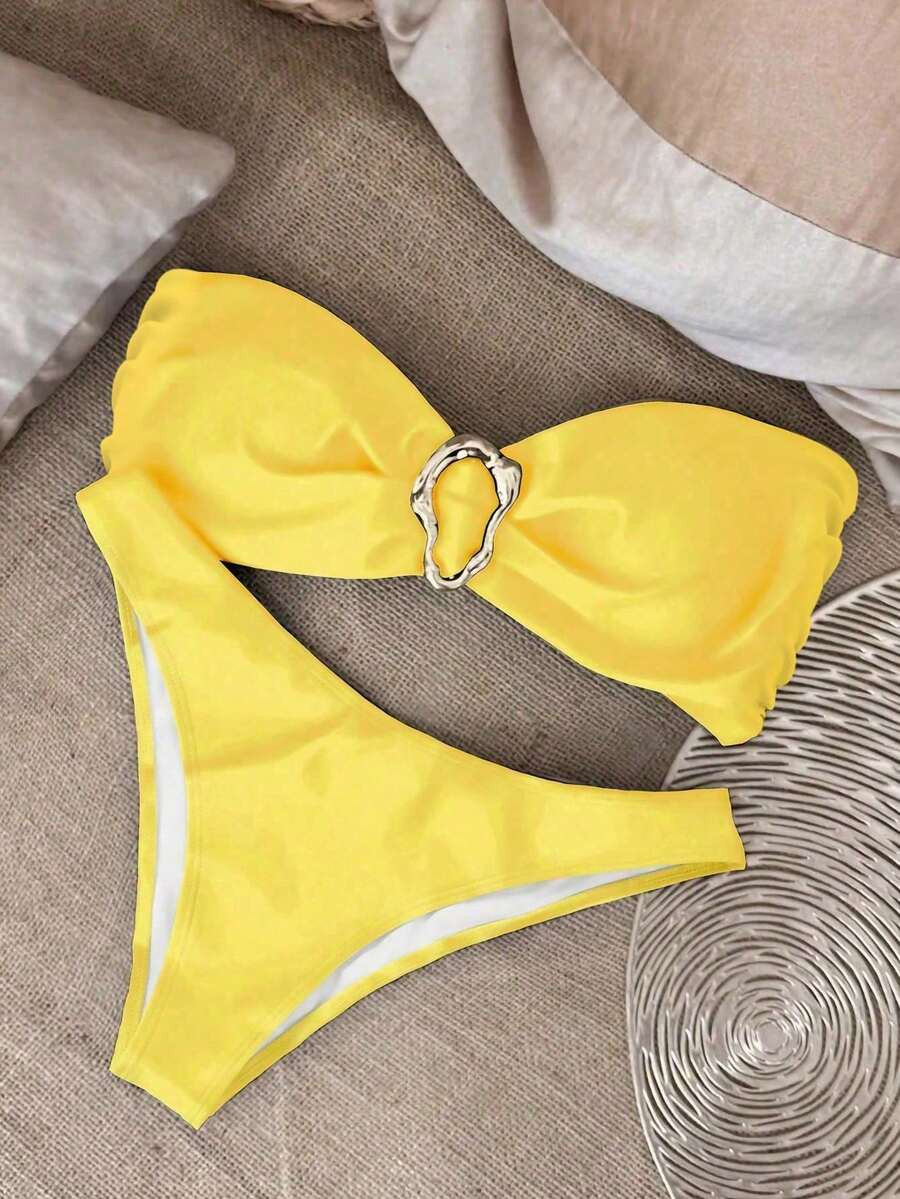 Polovedo Official Yellow Solid Color Sexy Elegant Casual Beach Holiday Party Date Strapless Bikin... | SHEIN