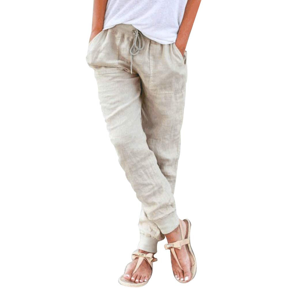 Puimentiua Womens Tapered Pants Cotton Linen Drawstring Back Elastic Waist Pants Casual Trousers ... | Amazon (US)