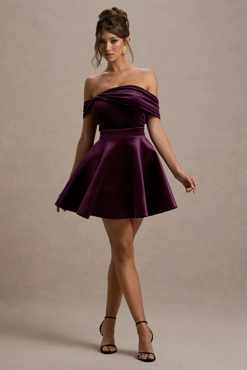 Dede | Port Velvet Bow Bardot Skater Mini Dress | Club L London