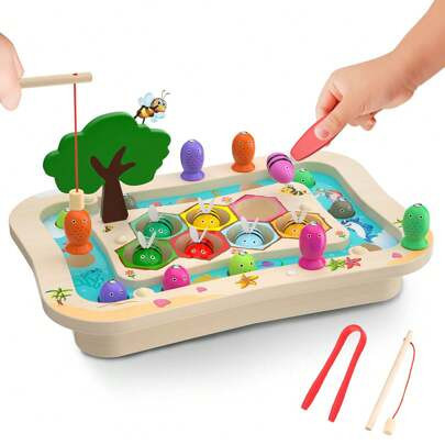 Wooden Montessori Toys For 2 3 4 Year Old, Toddler Toys Educational Learning Toys Magnetic Fishing Game Bee Color Sorting Fine Motor Skills Toys Gifts | SHEIN