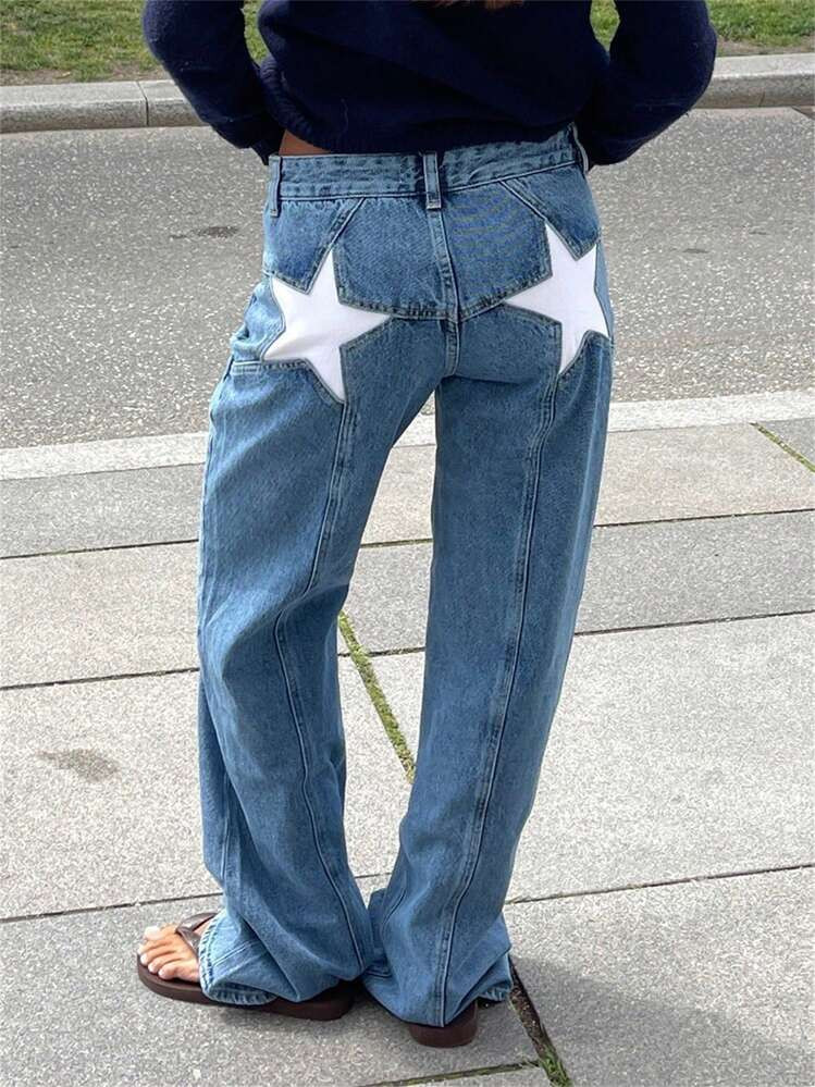 Baggy Jeans For Women Star Pattern High Waisted Straight Wide Leg Denim Pants Loose Fit Vintage 90s Jeans Streetwear Trousers Low Rise Distressed Cargo Denim Pants Aesthetic Clothes
 | SHEIN