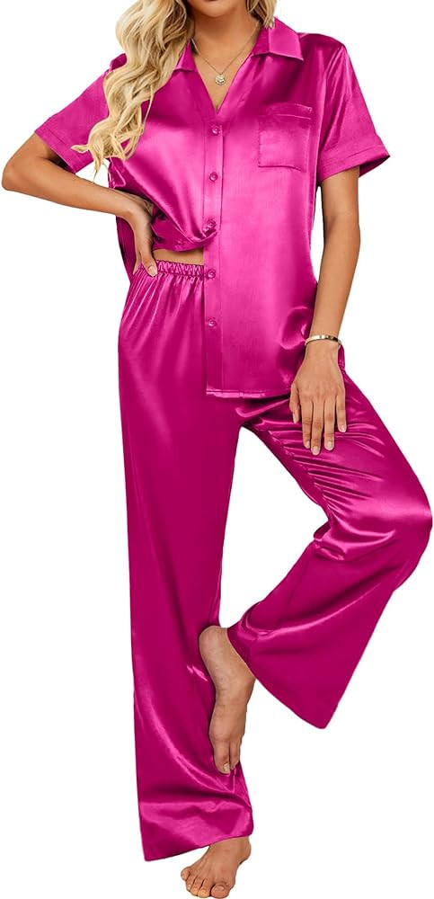 Ekouaer Womens Silk Satin Pajama Sets 2 Piece Pjs Button Down Sleepwear Wide Leg Long Pants Loung... | Amazon (US)
