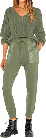 PRETTYGARDEN Women's 2 Piece Outfits 2023 Fall V Neck Ripped Knit Pullover Sweater And Long Pants Tr | Amazon (US)