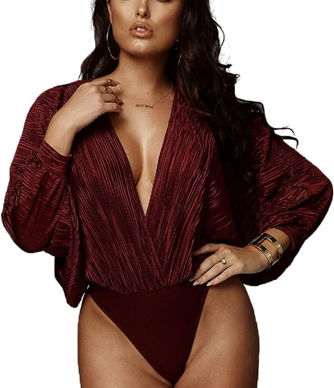 Weigou Women Jumpsuits Long Sleeve V Neck Pleated Loose Bodysuits Tops for Women Leotard Shirts | Amazon (US)