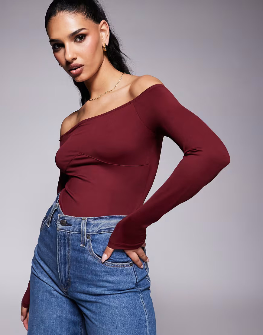 ASOS DESIGN off-shoulder bodysuit with under bust detail in burgundy-Red | ASOS (Global)
