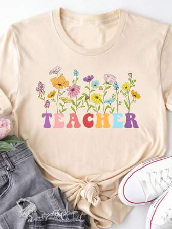 SHEIN Essnce Casual Simple Floral Pattern Round-Neck Short Sleeve Plus Size T-Shirt For Women, Su... | SHEIN