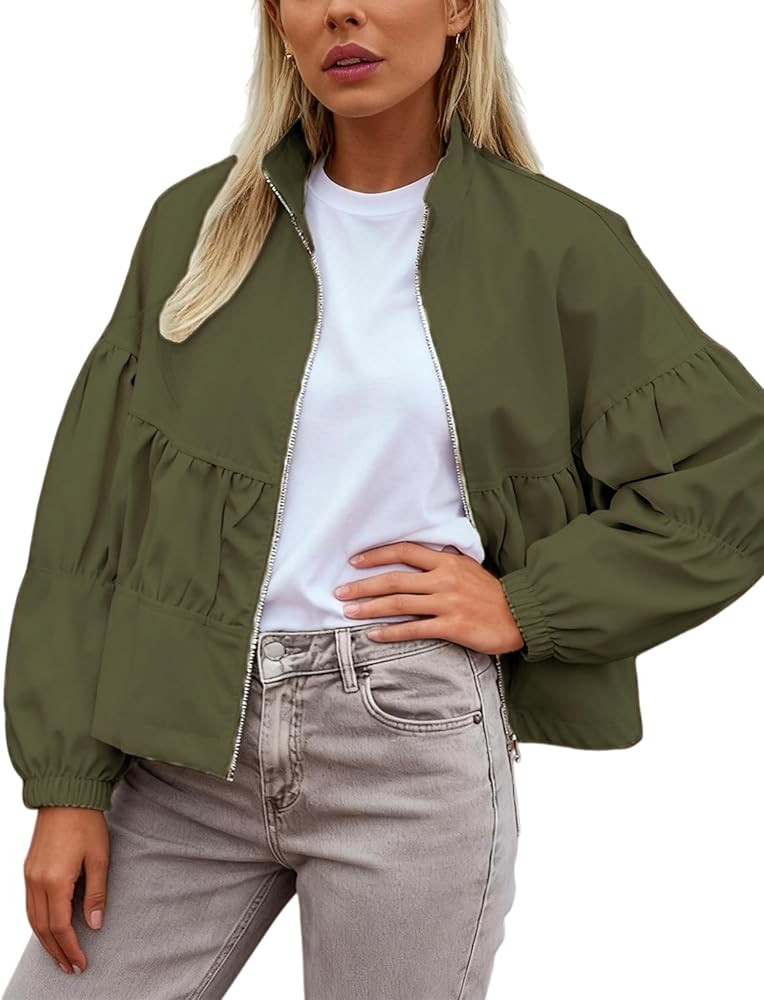 Watashi Women Casual Cropped Jacket Lightweight Zip Up Pleated Bomber Safari Short Jackets Pocket... | Amazon (US)