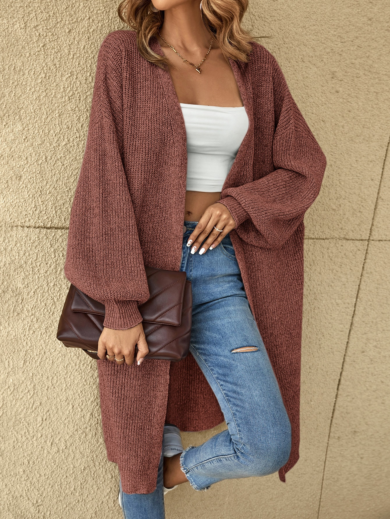 SHEIN LUNE Drop Shoulder Ribbed Knit Duster Cardigan | SHEIN