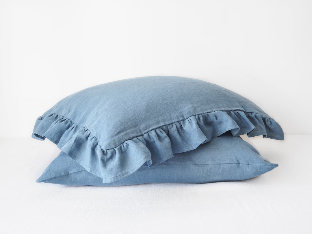 Dusty Blue Ruffled Linen Pillowcase. Linen Pillow Cover With Ruffles. Handmade - Etsy | Etsy (US)