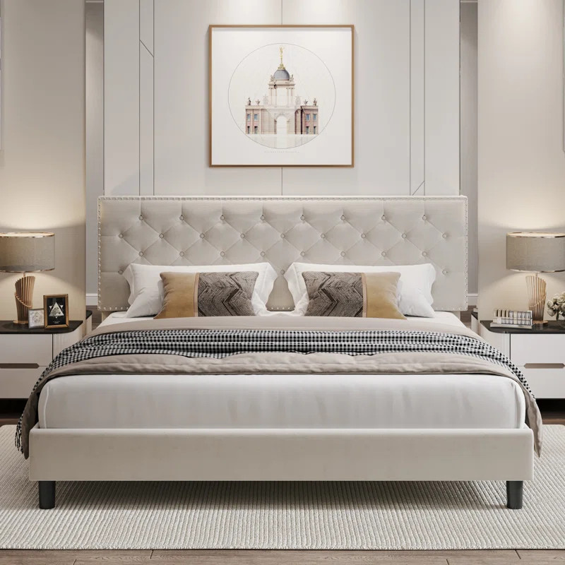 Emanuell Velvet Tufted Upholstered Bed Frame with Adjustable Headboard | Wayfair North America