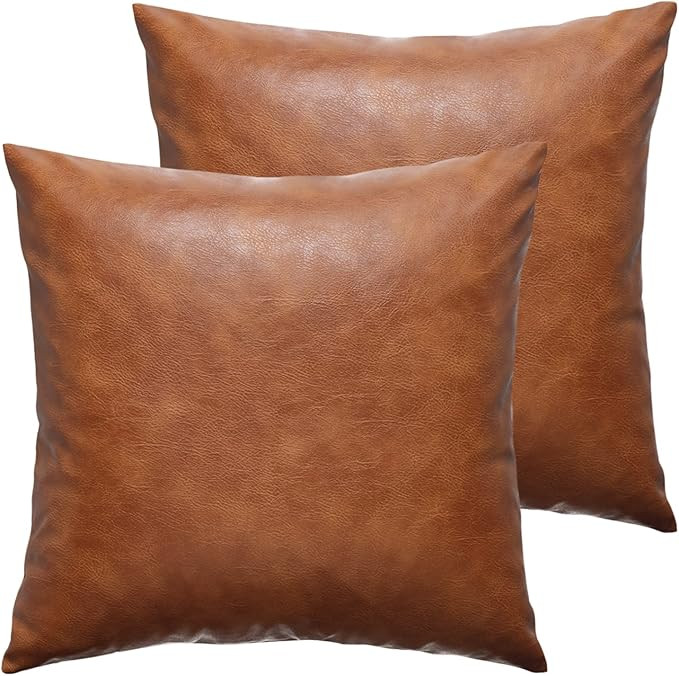 Faux Leather Throw Pillow Covers 18X18 Inch Set of 2 Brown Outdoor Modern Farmhouse Solid Decorat... | Amazon (US)
