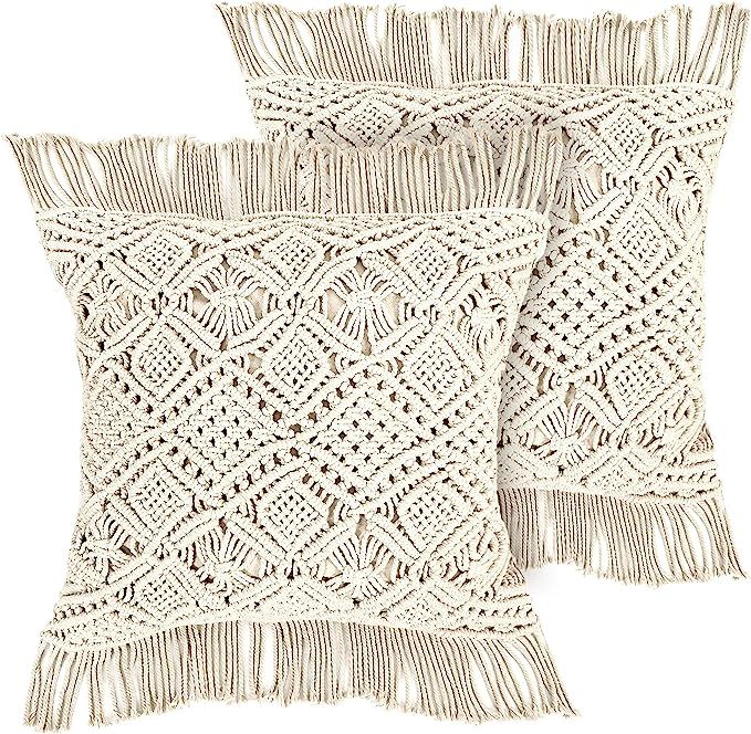 LIVALAYA Macrame Pillow Covers - Set of 2 Ivory Boho Throw Pillow Covers, Farmhouse Woven Bohemia... | Amazon (US)