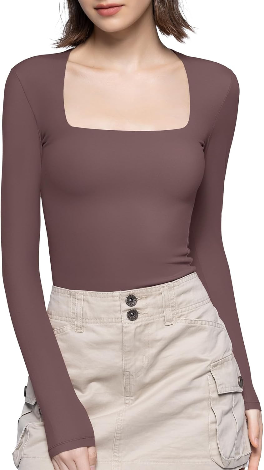 PUMIEY Women's Square Neck Long Sleeve T Shirts Slim Fit Tops Basic Tee Smoke Cloud Pro Collectio... | Amazon (US)