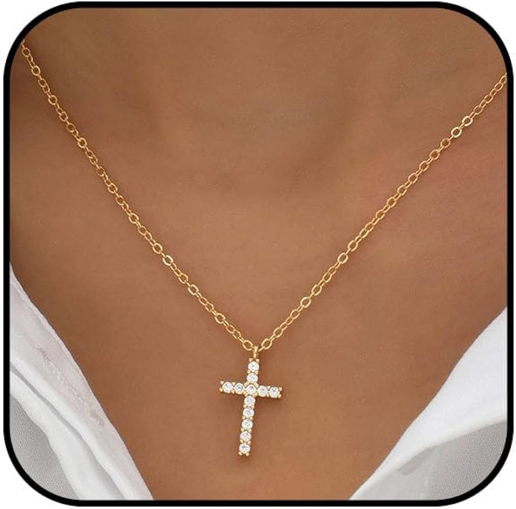 Gold Cross Necklace for Women 14K Gold Plated Cubic Zirconia Cross Necklace Simple Delicate Cross... | Amazon (US)