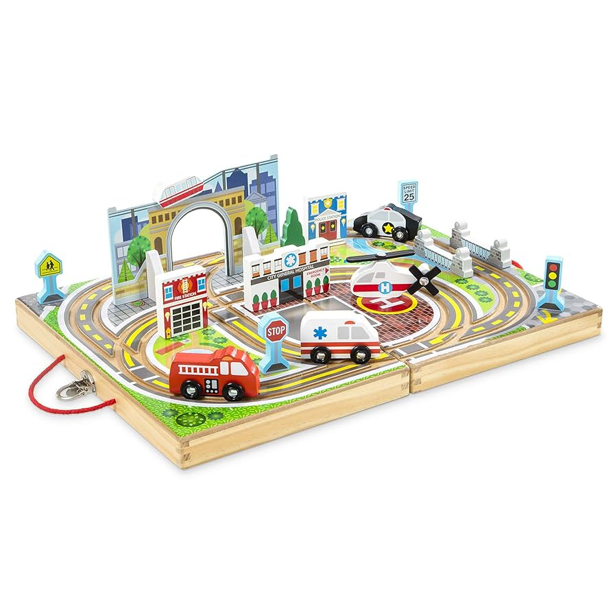 Melissa & Doug 18-Piece Wooden Take-Along Tabletop Town, 4 Rescue Vehicles, Play Pieces, Bridge | Amazon (US)