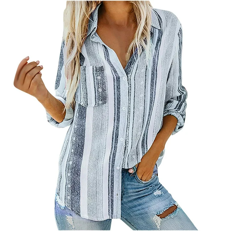 YABCSAZ Women's Button Down Oversized Striped Shirts Casual Long Sleeve Plus Size Lightweight Blo... | Walmart (US)