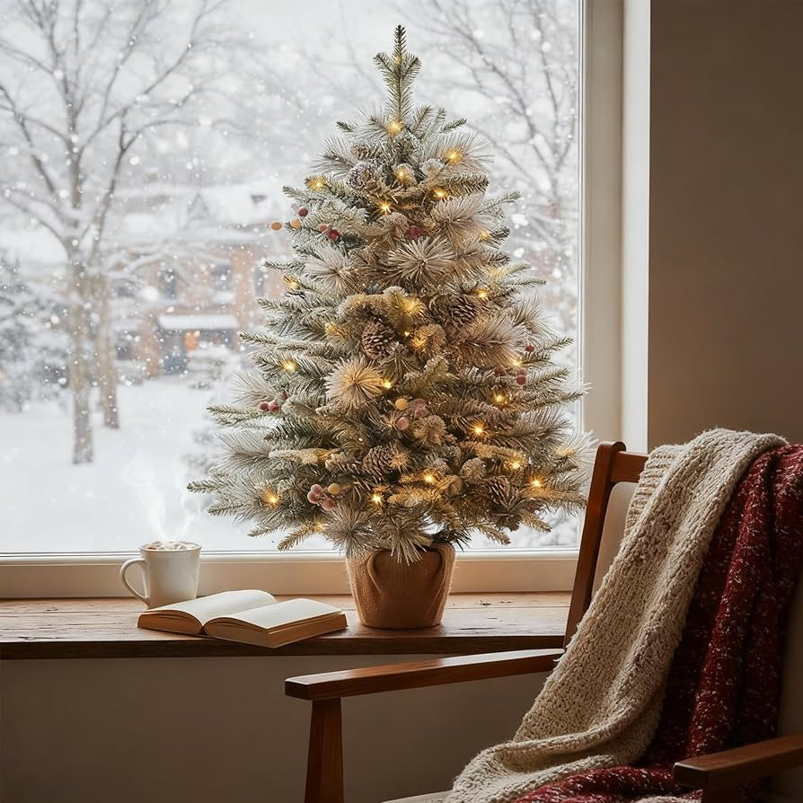 3FT Pre-lit Snow Flocked Christmas Tree, Tabletop Artificial Christmas Tree, Mini Christmas Tree ... | Amazon (US)