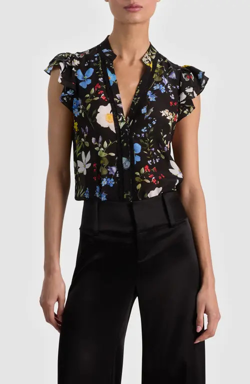 Alice + Olivia Arlette Floral Flutter Sleeve Button-Up Top in Twisting Vines Black at Nordstrom, Size X-Small | Nordstrom