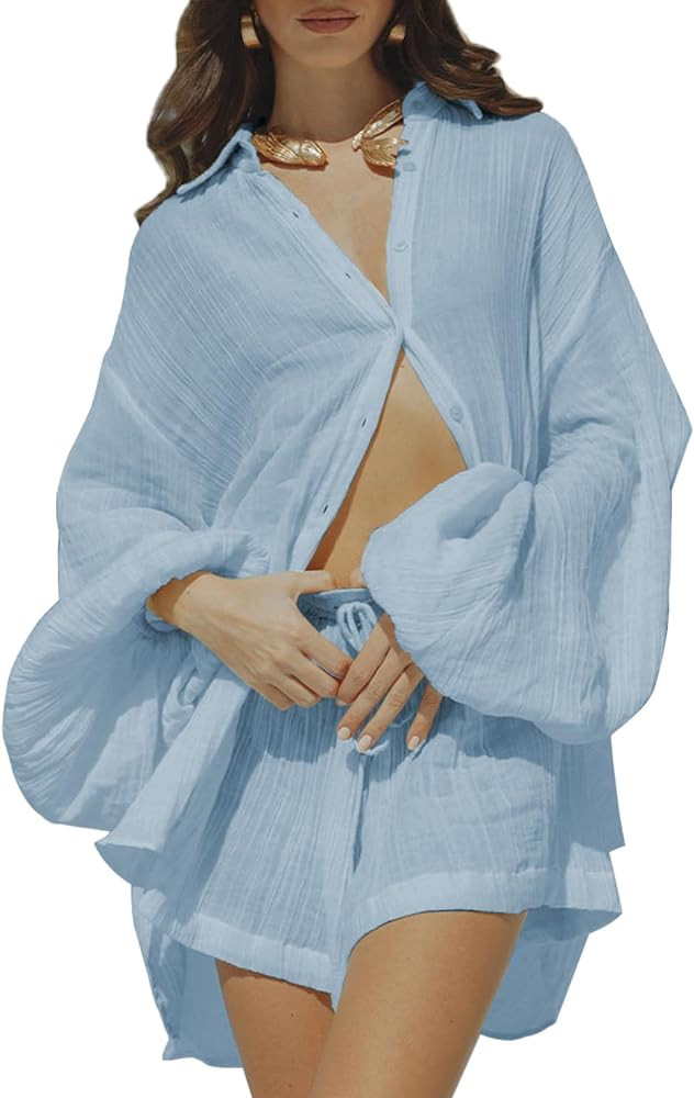 Fixmatti Women 2 Piece Outfits Summer Shorts Sets Lantern Sleeve Button Down Shirt and Shorts Swe... | Amazon (US)