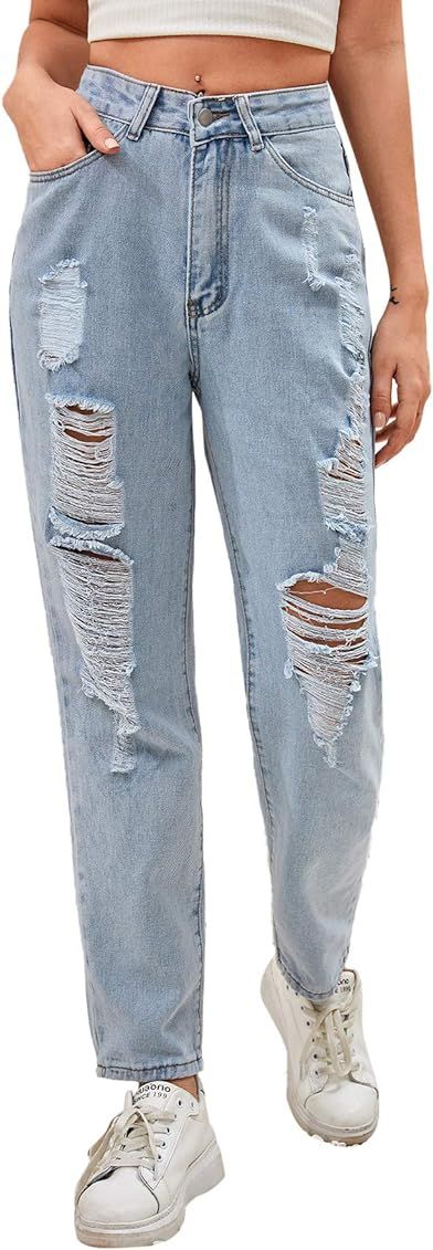 SweatyRocks Women's Ripped Boyfriend Jeans Distressed Denim Ankle Length Jeans | Amazon (US)