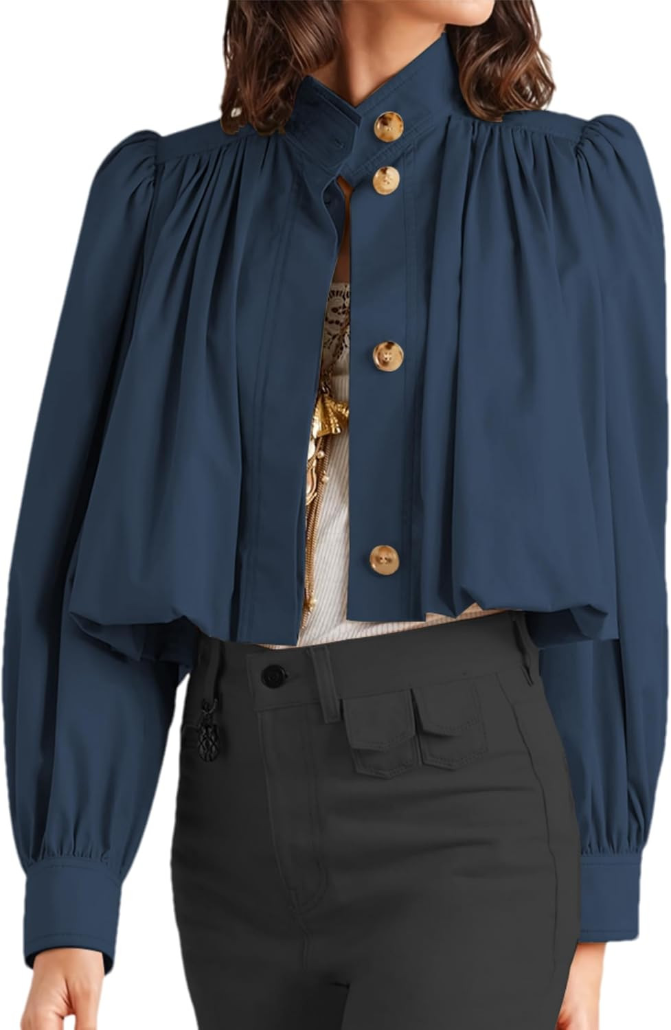 Womens Cropped Pleated Jacket Button Trench Coat Casual Outwear | Amazon (US)