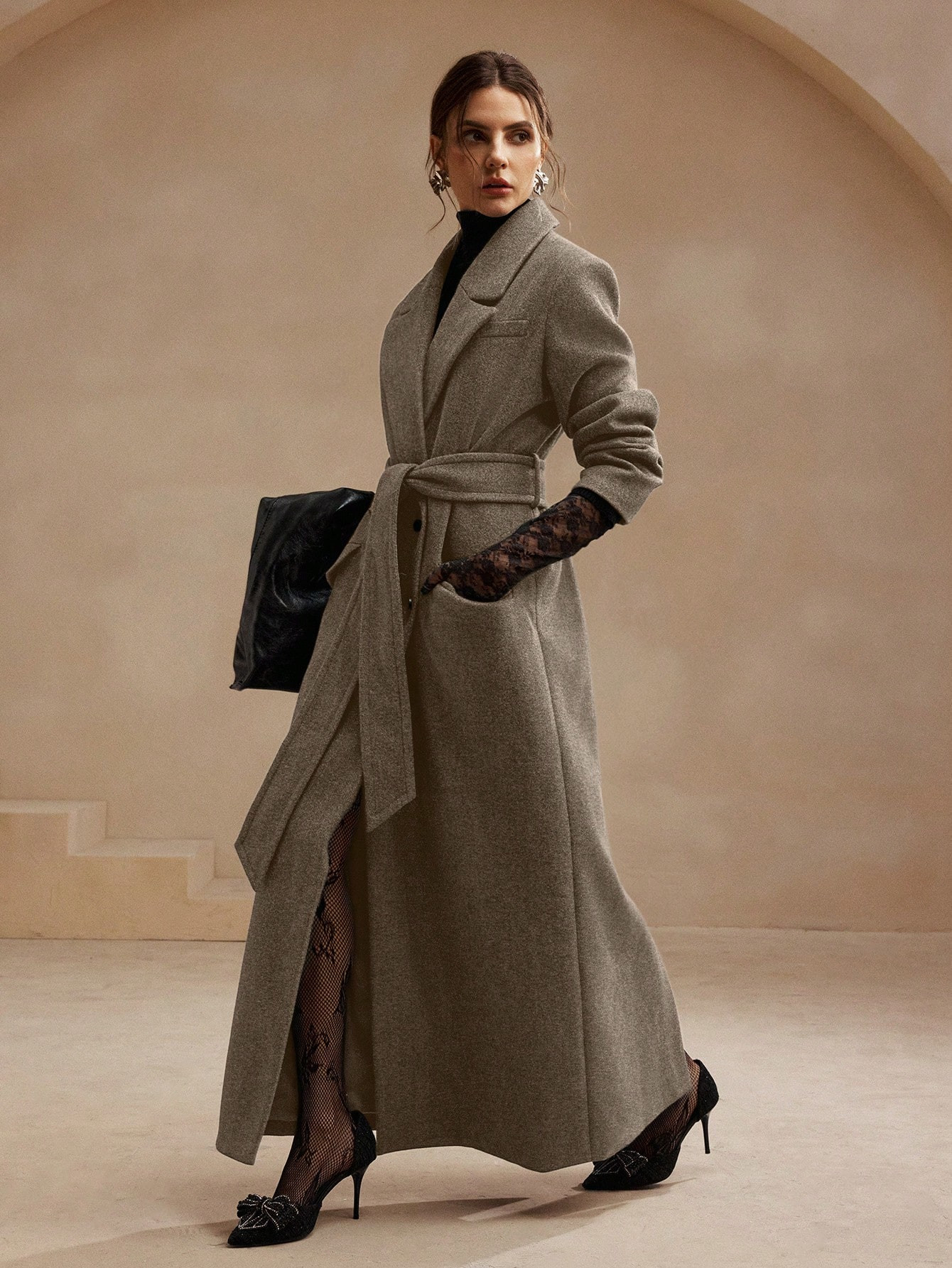 Anewsta Women Camel Long Belted Knitted Overcoat With Lapel | SHEIN