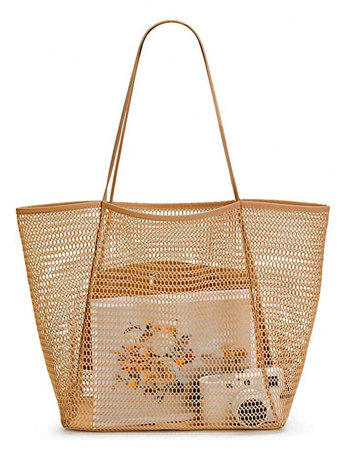 Beach Mesh Tote Bag, Casual Tote Bag Women Foldable Max 23L Shoulder Handbag For Beach Picnic Vac... | SHEIN