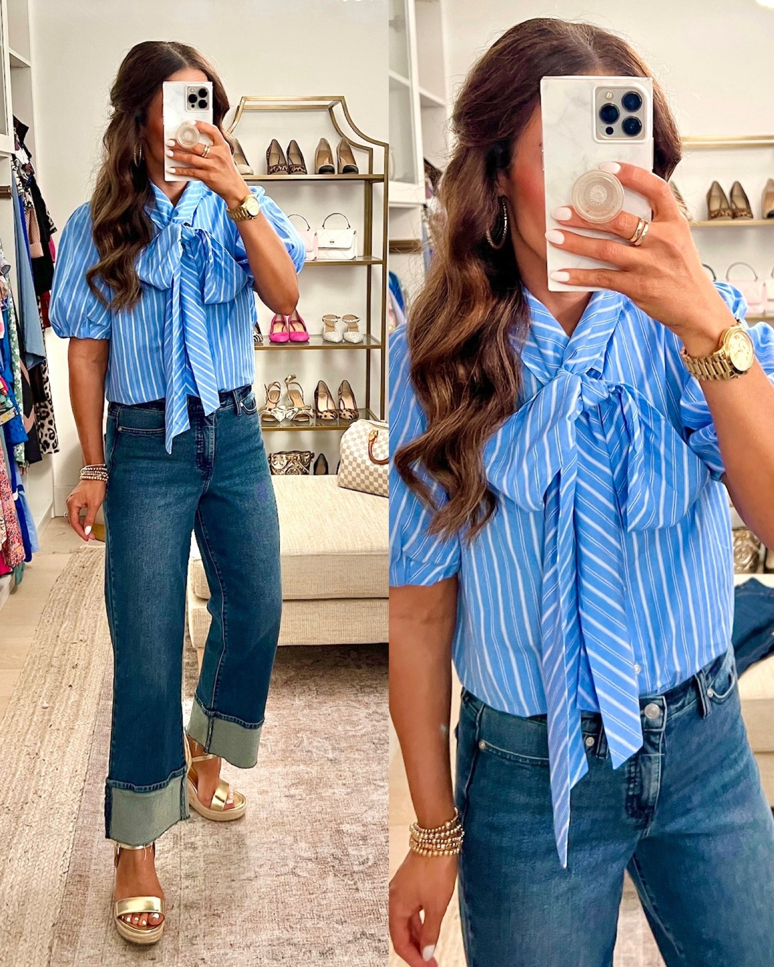 Hooray! This blouse just restocked and jeans are on sale too!