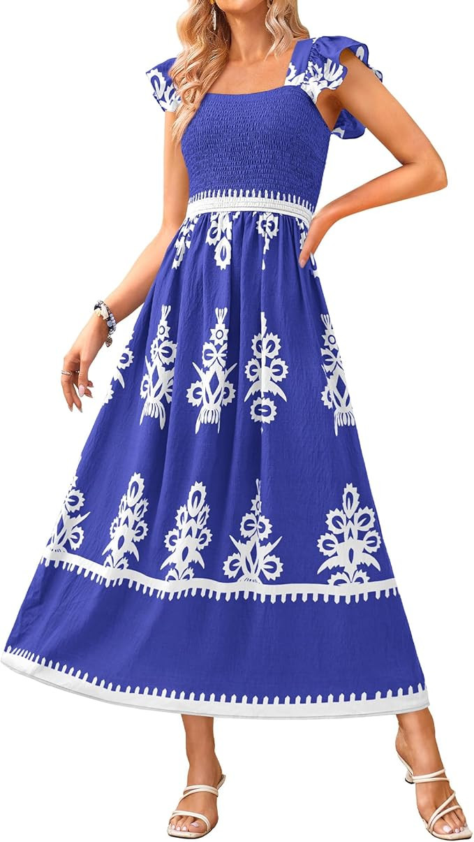 BTFBM Summer Dresses for Women 2026 Floral Smocked Boho Sleeveless Square Neck A Line Casual Beac... | Amazon (US)