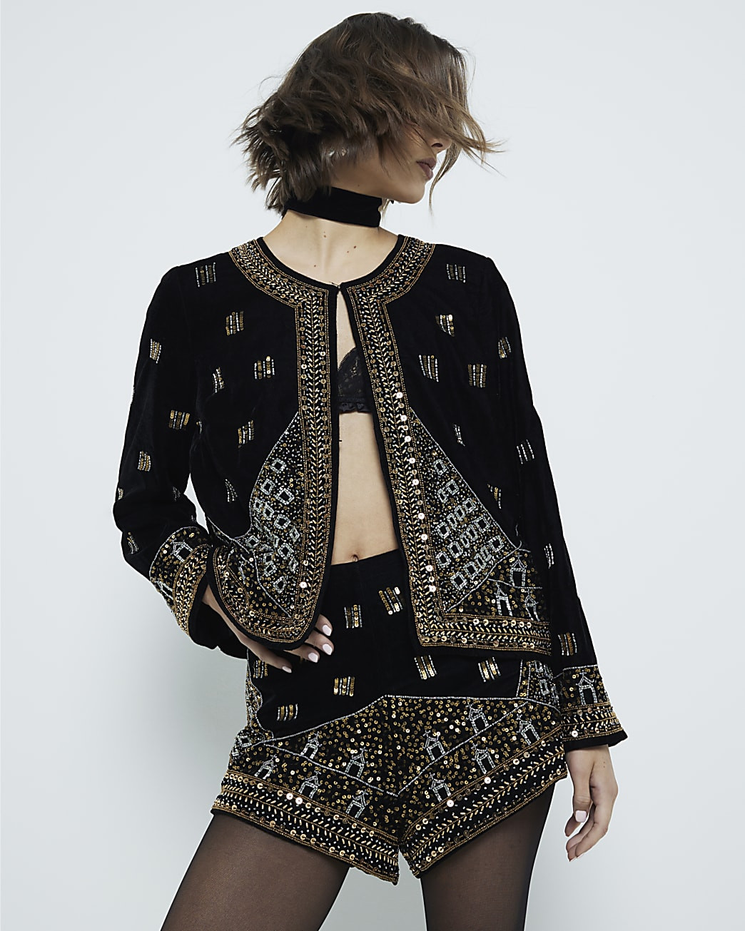 Black Velvet Embellished Trophy Jacket | River Island UK & IE