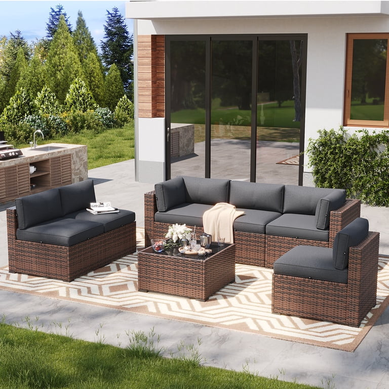 Clouddwell 7 Piece Outdoor Patio Furniture Set, Wicker Rattan Patio Sectional Sofa Set, Grey | Walmart (US)