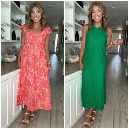 New Walmart dresses! Shared these in my Walmart new arrivals over the weekend 🙂 the orange/pink runs large, go down a size. The green dress runs TTS and also comes in black. 

Walmart Fashion. Walmart Finds. LTK under 50. Midi dress.  