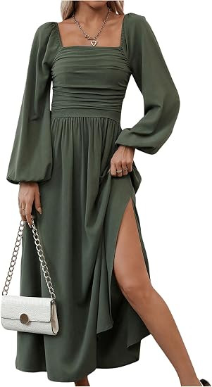 Floerns Women's Square Neck Lantern Long Sleeve Split Ruched Midi Dresses | Smocked, Dressy Casua... | Amazon (US)