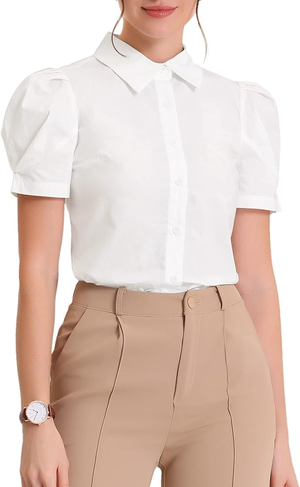 Allegra K Women's Work Tops Puff Short Sleeve Collared Button Down Shirt | Amazon (US)
