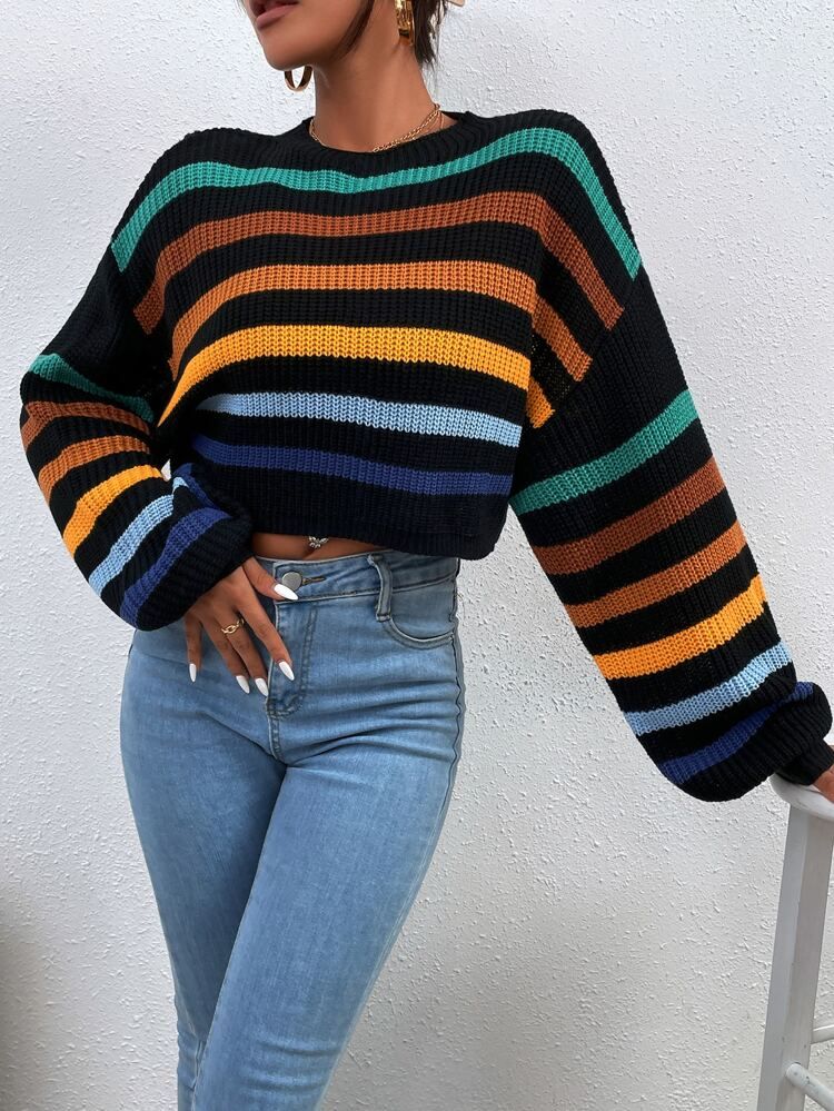 Stripe Pattern Lantern Sleeve Sweater | SHEIN