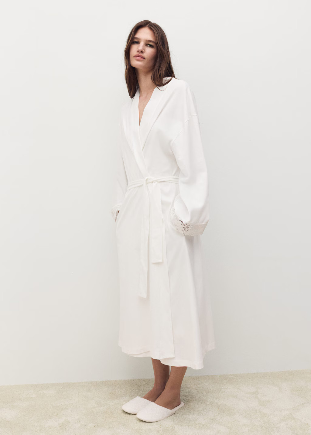 Cotton robe with lace white - Woman - M - MANGO | Mango (US/MX/AU)