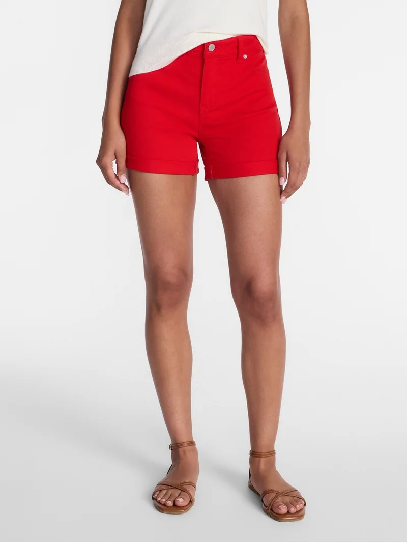 Time and Tru Women's Mid Rise Roll Cuff Denim Shorts, 4" Inseam, Sizes 0-20 | Walmart (US)