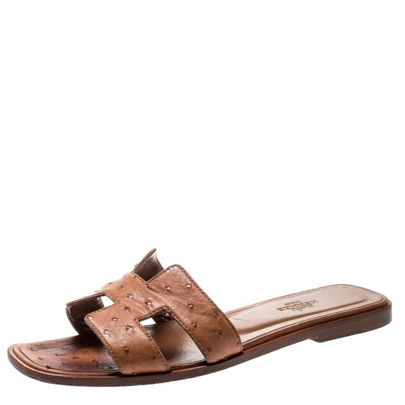 Hermes Brown Ostrich Leather Oran Sandals Size 37 | The Luxury Closet