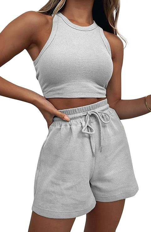KDF Two Piece Lounge Sets for Women, Sleeveless Crop Top and Shorts Two Piece Outfits for Women S... | Amazon (US)
