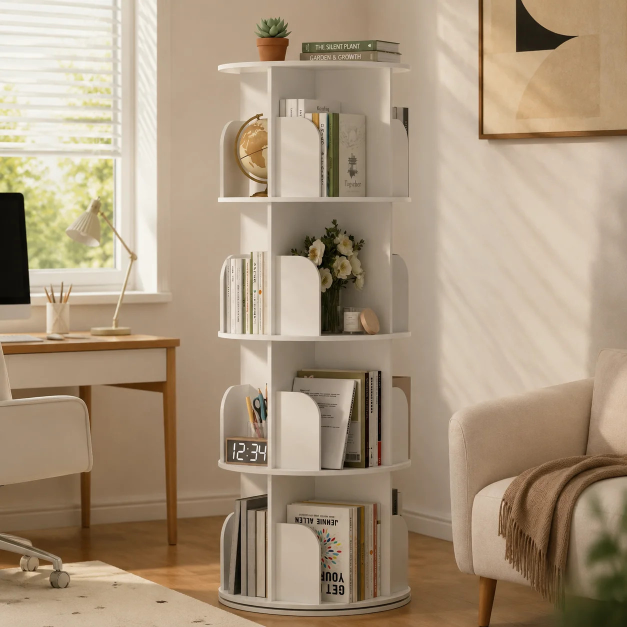 CONCETTA 4-Tier Rotating Bookshelf, 360° Spinning Bookcase with Safety Guard, Space-Saving PVC Storage for Bedroom, White - Walmart.com | Walmart (US)