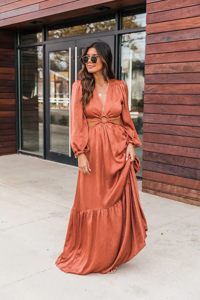 Make An Entrance Rust Satin O-Ring Cut Out Maxi Dress FINAL SALE | The Pink Lily Boutique
