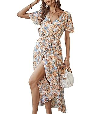 Bequemer Laden Women's Summer Floral Dress Wrap V Neck Short Sleeve Belted Ruffle Beach A-Line Bo... | Amazon (US)