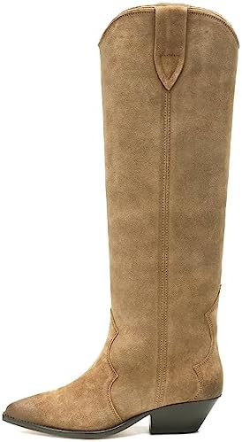 YIYA Women's Western Suede Cowboy Knee High Boots Classic Pointed Toe Chunky Low Heels Cowgirl Pu... | Amazon (US)