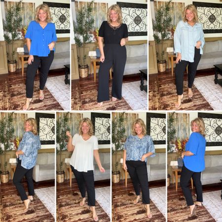 @89thmadison #89thmadison #89thmadisonpartner 
Little black straight leg pants - size 16; elastic waist slit detail stretchy black pants (xl- could have sized down to large). All tops beside the vibrant blue are a size xl (royal vibrant blue top is size large). #ad 
Workwear outfit, spring outfit, teacher outfits 