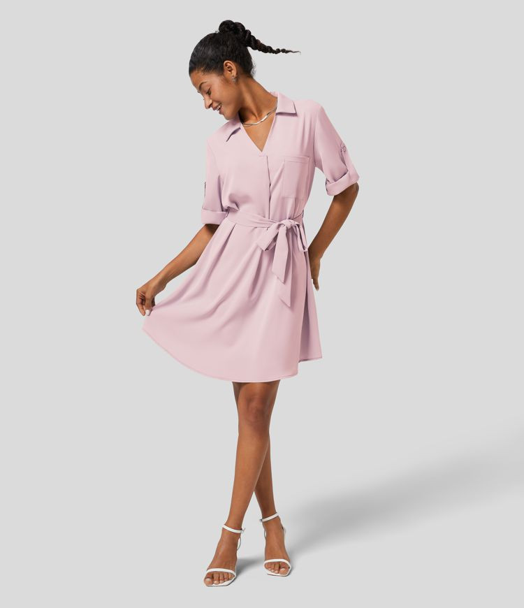 Women’s Collared Roll Up Sleeve Belted Relaxed Work Shirt Dress - Halara | HALARA