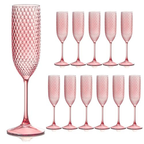 Plastic Champagne Flutes Champagne Glasses Unbreakable Wedding Toasting Glasses Reusable Diamond Wine Glasses Crystal Clear Party Wine Cups Vintage Drinking Glasses 5.5 OZ for Wedding (12, Pink) | Amazon (US)