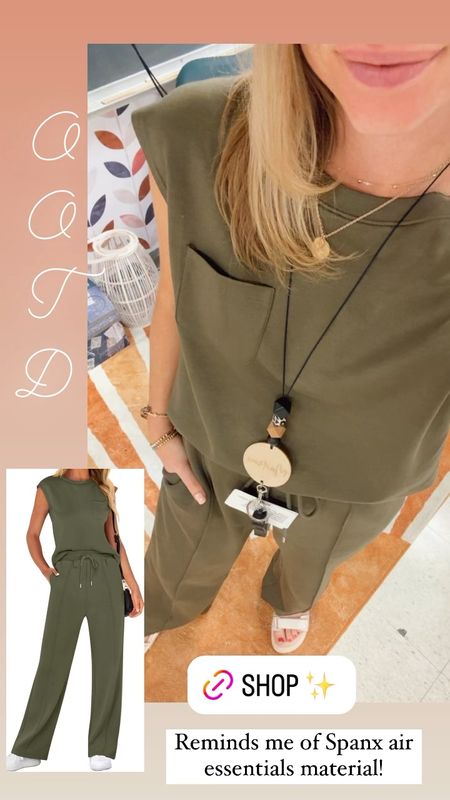 Casual Friday teacher ootd ✨ reminds me of spanx air essentials material! 🙌🏻 

Pleated pants with pockets
Draw string elastic waist
Pocket cap sleeve top
Spring set
Cute stitching in back 
Easy to dress up or down
True to size (small) 